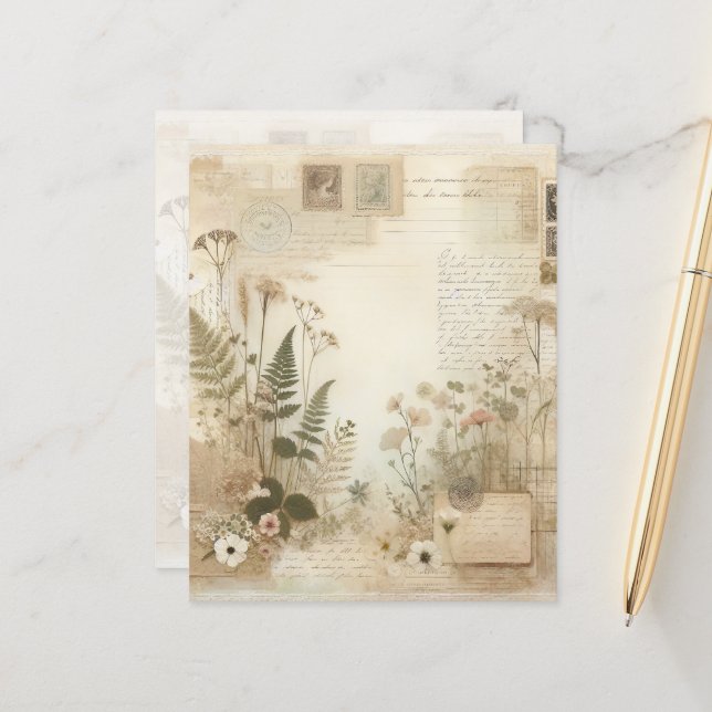 Vintage Junk Journal Pressed Flower Stationery (Front/Back In Situ)