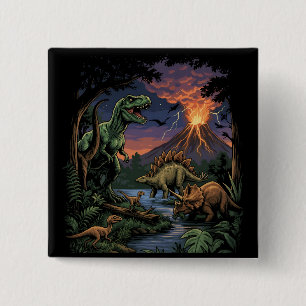 Vintage Jurassic Dinosaur Rex and Triceratops 2 Inch Square Button