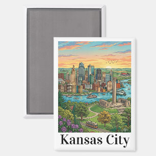 Vintage Kansas City Skyline Travel Art Magnet