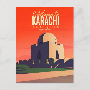 Vintage Karachi Pakistan Travel watercolor retro Postcard