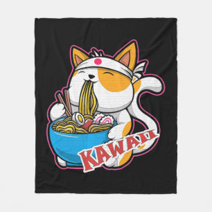 vintage kawaii cat eating ramen anime retro Japane Fleece Blanket
