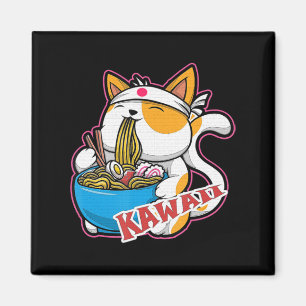 vintage kawaii cat eating ramen anime retro Japane Magnet
