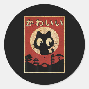 Vintage Kawaii Cat Japanese Black Anime Gift Girls Classic Round Sticker