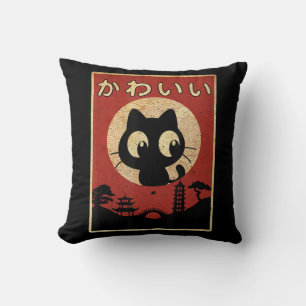 Vintage Kawaii Cat Japanese Black Anime Gift Girls Throw Pillow