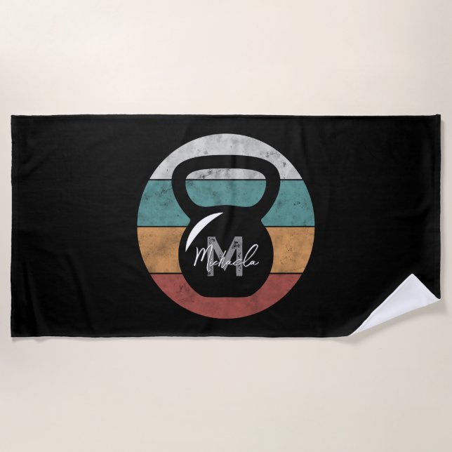Vintage kettlebell custom monogram name initial beach towel (Front)