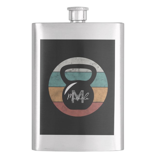 Vintage kettlebell custom monogram name initial hip flask (Front)