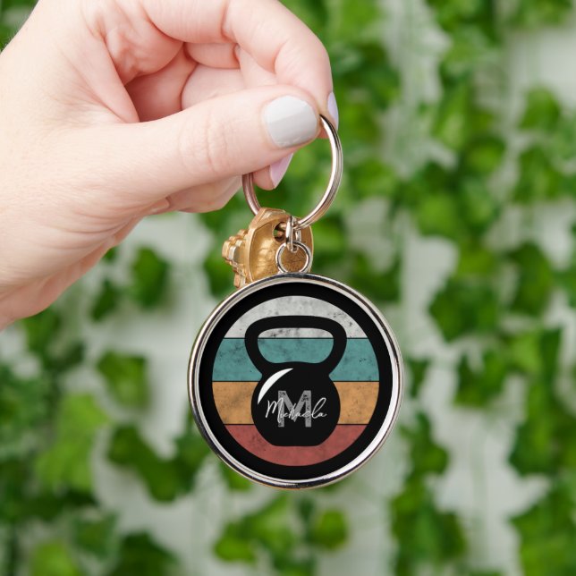Vintage kettlebell custom monogram name initial keychain (Hand)