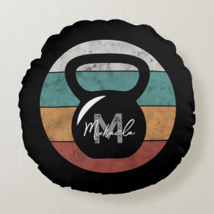 Vintage kettlebell custom monogram name initial round pillow