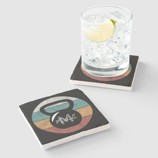 Vintage kettlebell custom monogram name initial stone coaster (Side)