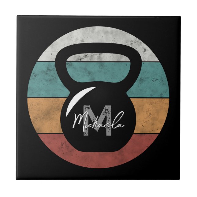 Vintage kettlebell custom monogram name initial tile (Front)