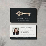 Vintage Key | Gold | Photo Real Estate Business Card<br><div class="desc">Elegant business cards for real estate agents or realtors feature a vintage skeleton key illustration in faux gold foil with your name or business name beneath. Add your full contact details to the reverse side in soft off-black on a white background,  along with a photo.</div>
