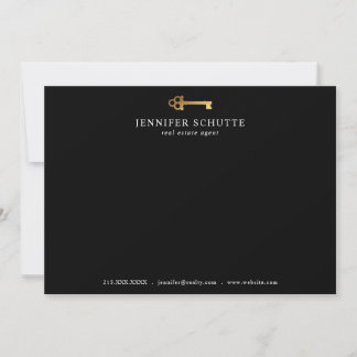 Vintage Key Personalized Chic Black & Gold Realtor Card