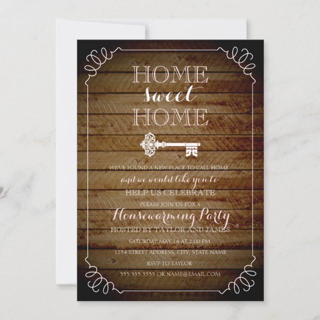 Vintage Key Wood Look Housewarming Invite (Front)