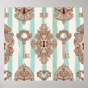 Vintage keys, locks: freehand pattern. poster