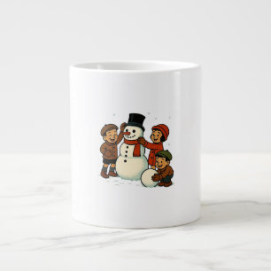 Vintage kids building snowman large coffee mug