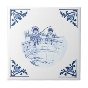 Vintage Kids Fishing on Bridge Delft Blue & White Tile