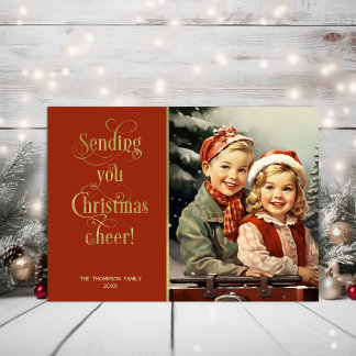 Vintage kids in the snow holiday card