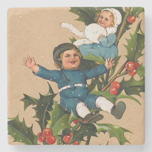 Vintage Kids on Christmas Holly Stone Coaster