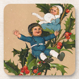 Vintage Kids on Holly Set of Cork Coasters
