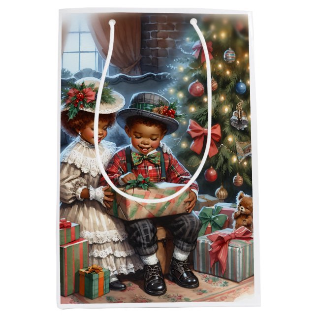 Vintage Kids Opening Christmas Presents  Medium Gift Bag (Front)