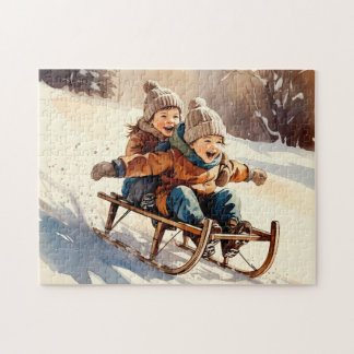 Vintage Kids Sled Ride Watercolor Winter Jigsaw Puzzle
