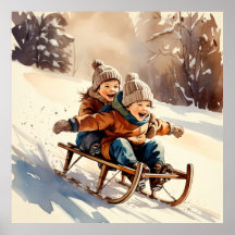 Vintage Kids Sled Ride Watercolor Winter Poster