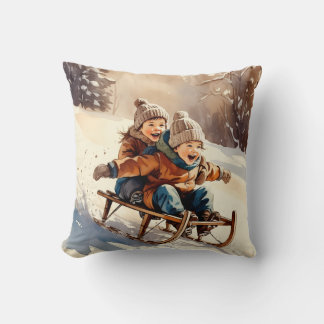 Vintage Kids Sled Ride Watercolor Winter Throw Pillow