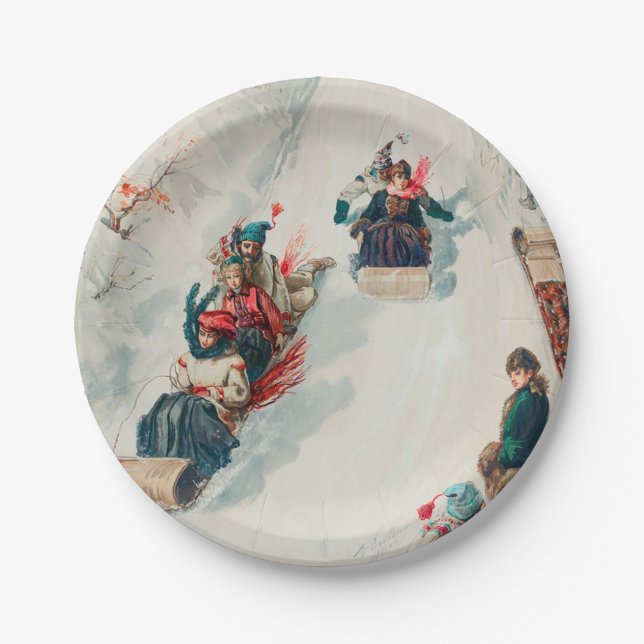 Vintage Kids Sledding Winter Christmas Party Paper Plate (Front)