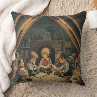 Vintage Kids Studying Throw Pillow