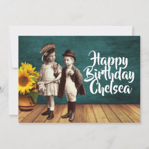 Vintage Kids & Sunflower Personalized Birthday  Card