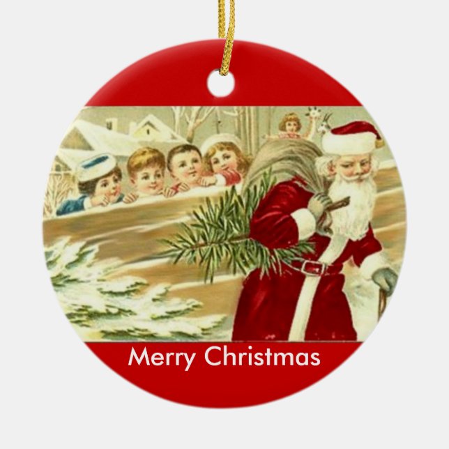 Vintage Kids Watching Santa Ceramic Ornament (Front)