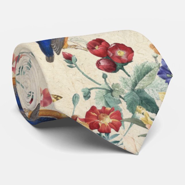 Vintage Kingfisher Birds Animal Redoute Floral Tie (Rolled)