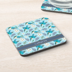 Vintage Kingfisher Birds Floral Pattern Blue Name Coaster