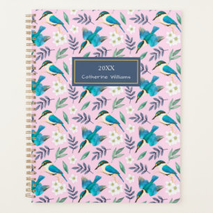 Vintage Kingfisher Birds Floral Pink Pattern Name Planner