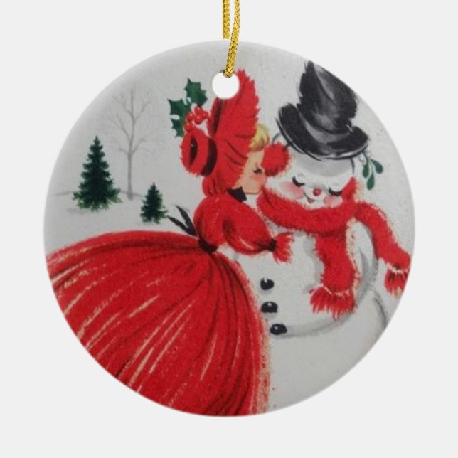 Vintage Kissing A Snowman Ceramic Ornament (Front)