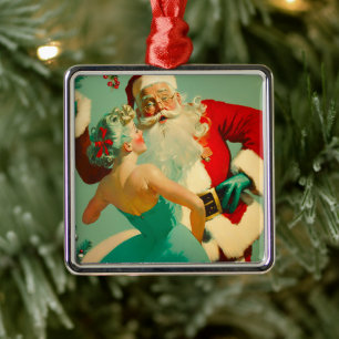 Vintage "Kissing Santa Claus" Blue Christmas  Metal Ornament