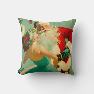 Vintage "Kissing Santa Claus" Blue Christmas   Throw Pillow