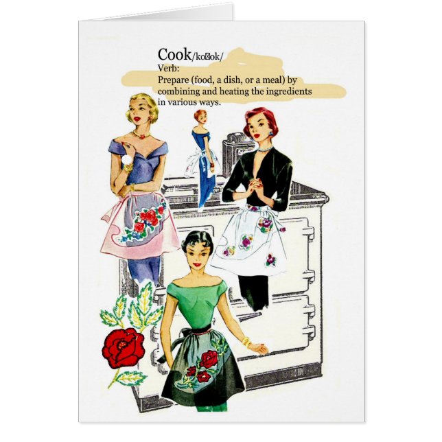 Vintage Kitchen card w/ stove and apron (Front)