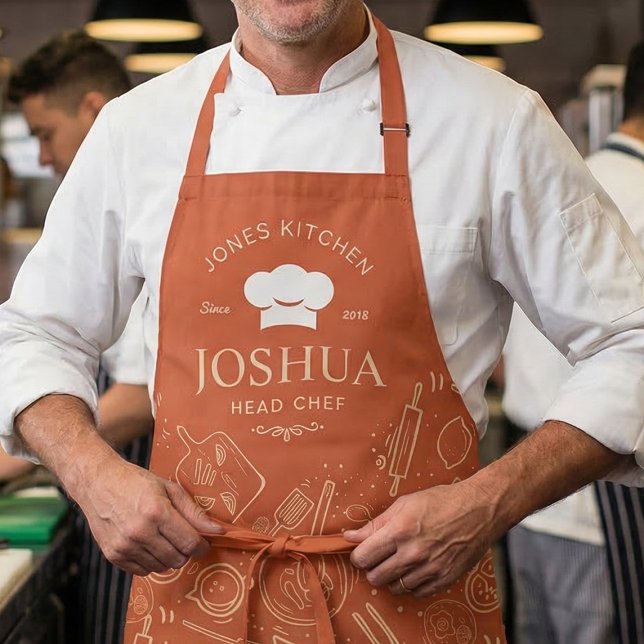 Vintage Kitchen Chef Cooking Utensil Pattern Apron (Personalized head chef apron for men with modern kitchen design)