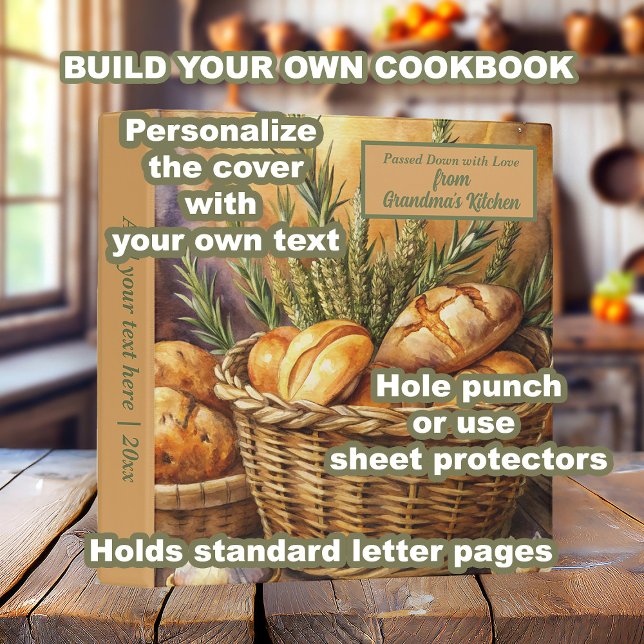 Vintage Kitchen Heirloom Bread Basket Cookbook Binder (Vintage bread basket "Grandma's recipes" custom binder. Personalize with your own text.)