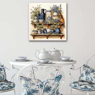 Vintage Kitchen Shelf Blue White Canister Jugs Jar Poster