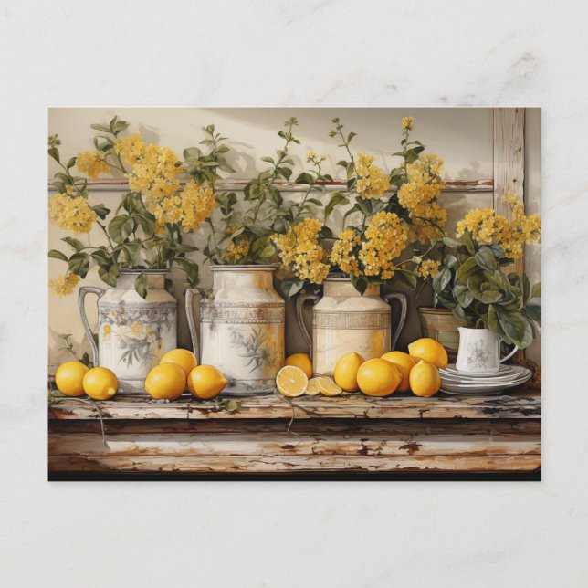  Vintage Kitchen Shelf Lemons Canisters Flowers   Postcard (Front)