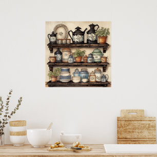 Vintage Kitchen Shelf Pots Plants Dishes Cannister Poster