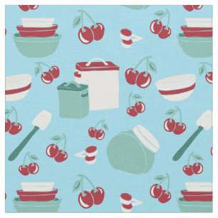 Vintage Kitchen Tools and Cherries Light Blue, Red Fabric