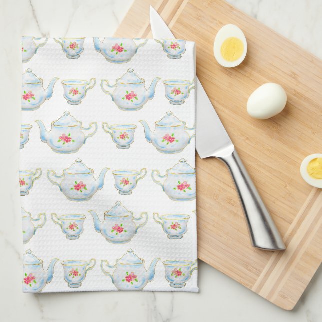 Vintage Kitsch Teapot and Teacup Pattern Kitchen Towel (Quarter Fold)