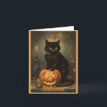 Vintage Kitten Halloween Greeting Card<br><div class="desc">Sweet, vintage picture of a cute black kitten leaning on a smiling pumpkin and a candle in the background, is featured on this Halloween greeting card. Front of card reads, "Halloween", and inside card reads, "Is Here, Time For Trick Or Treats! But Do Not Fear, Because I Wish You A...</div>
