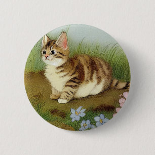 Vintage Kitten Illustration with Flowers 2 Inch Round Button
