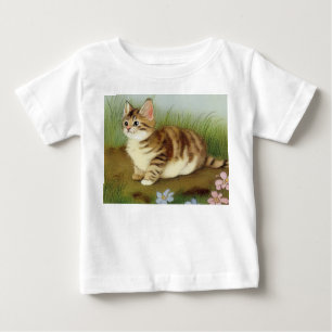 Vintage Kitten Illustration with Flowers Baby T-Shirt
