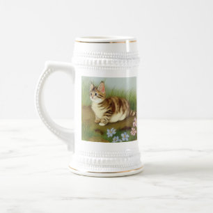 Vintage Kitten Illustration with Flowers Beer Stein