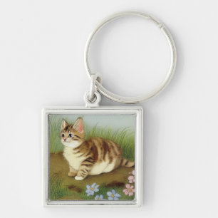 Vintage Kitten Illustration with Flowers Keychain